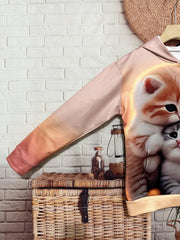 Girls Kitty Print Pocket Hoodies Pullover Spring Fall Sports Gift