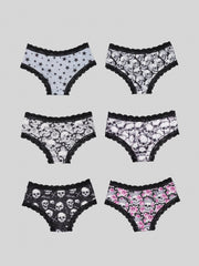 6pcs Lace Hipster Panties Skull & Floral Print Women's Lingerie