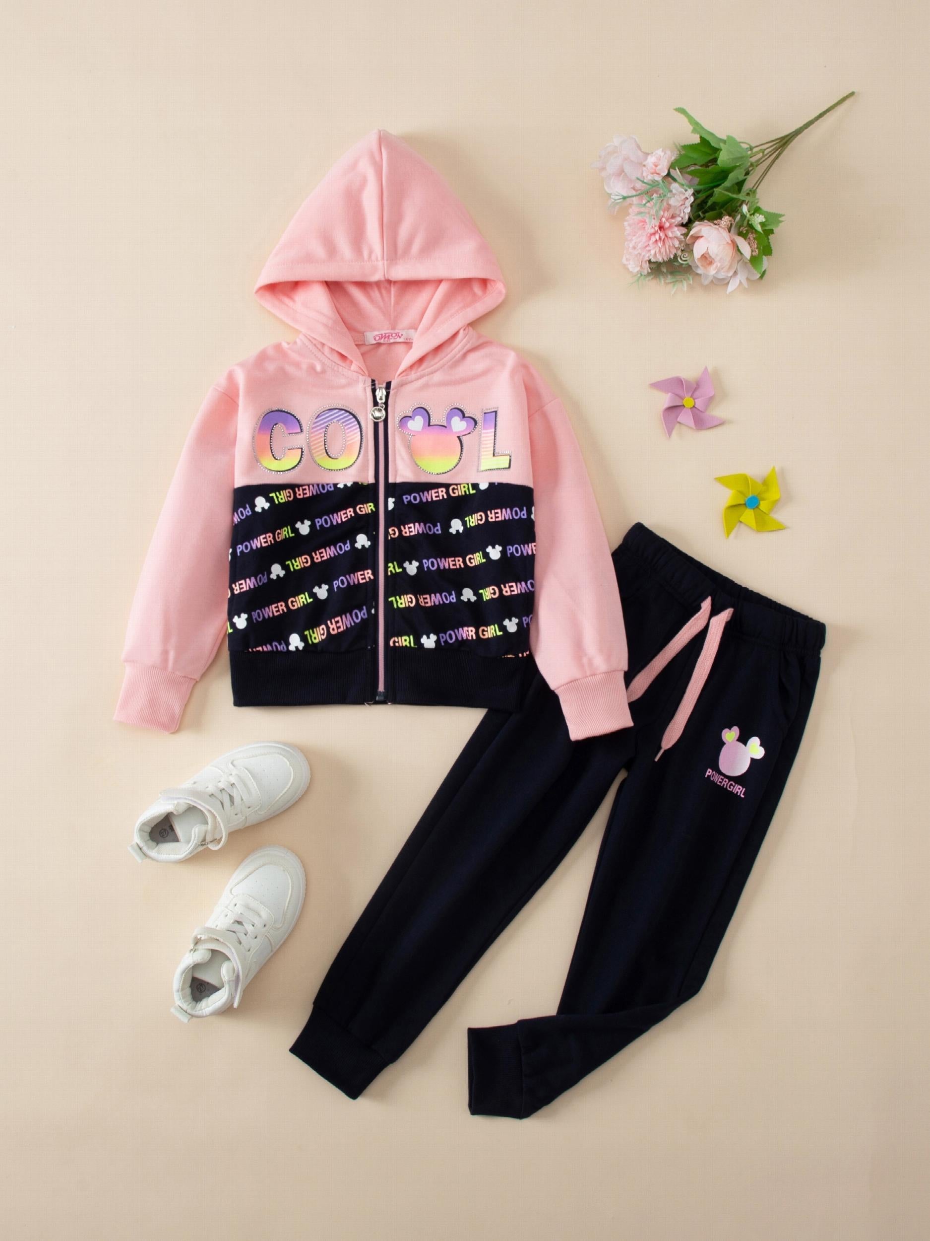 Girl's POWER GIRL Zip Hoodie & Sweatpants Set for Spring/Fall