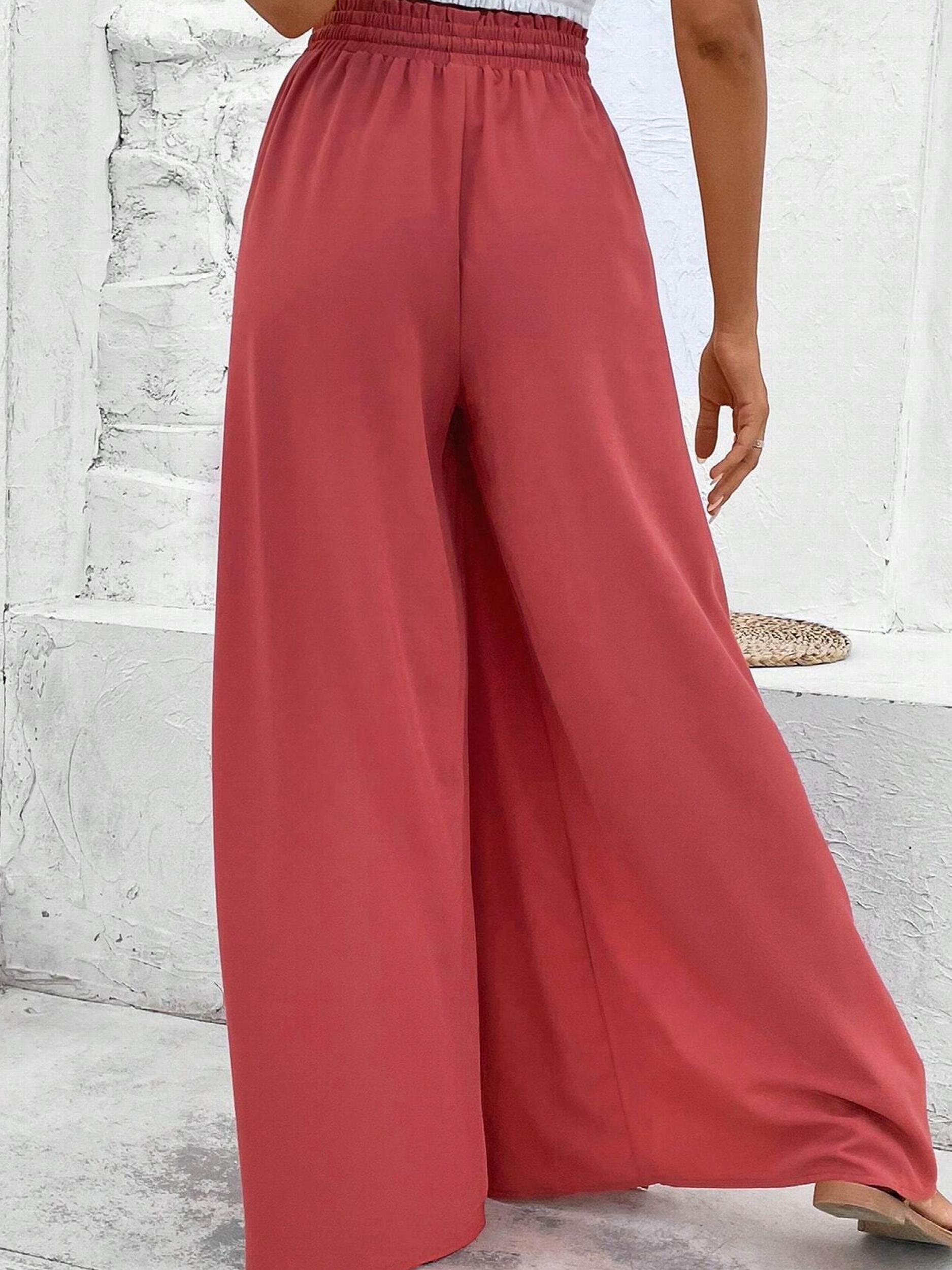 Solid Slit Wide Leg Pants Casual Drawstring Elastic Waist
