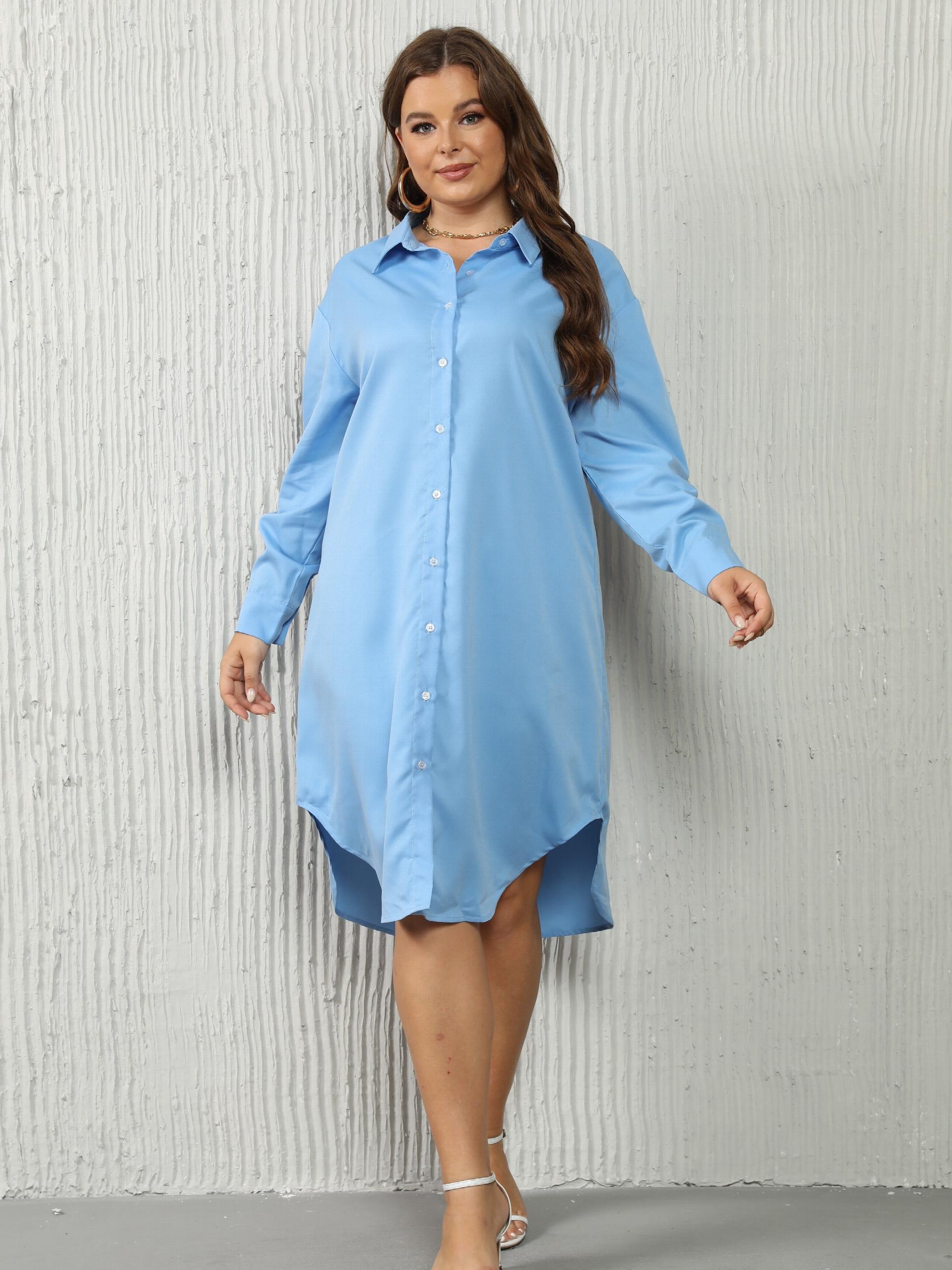Solid Button Up Long Sleeve Collar Shirt Dress