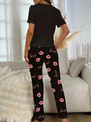 Lips Print Pajama Set Short Sleeve Crew Neck Top & Elastic Waistband Pants