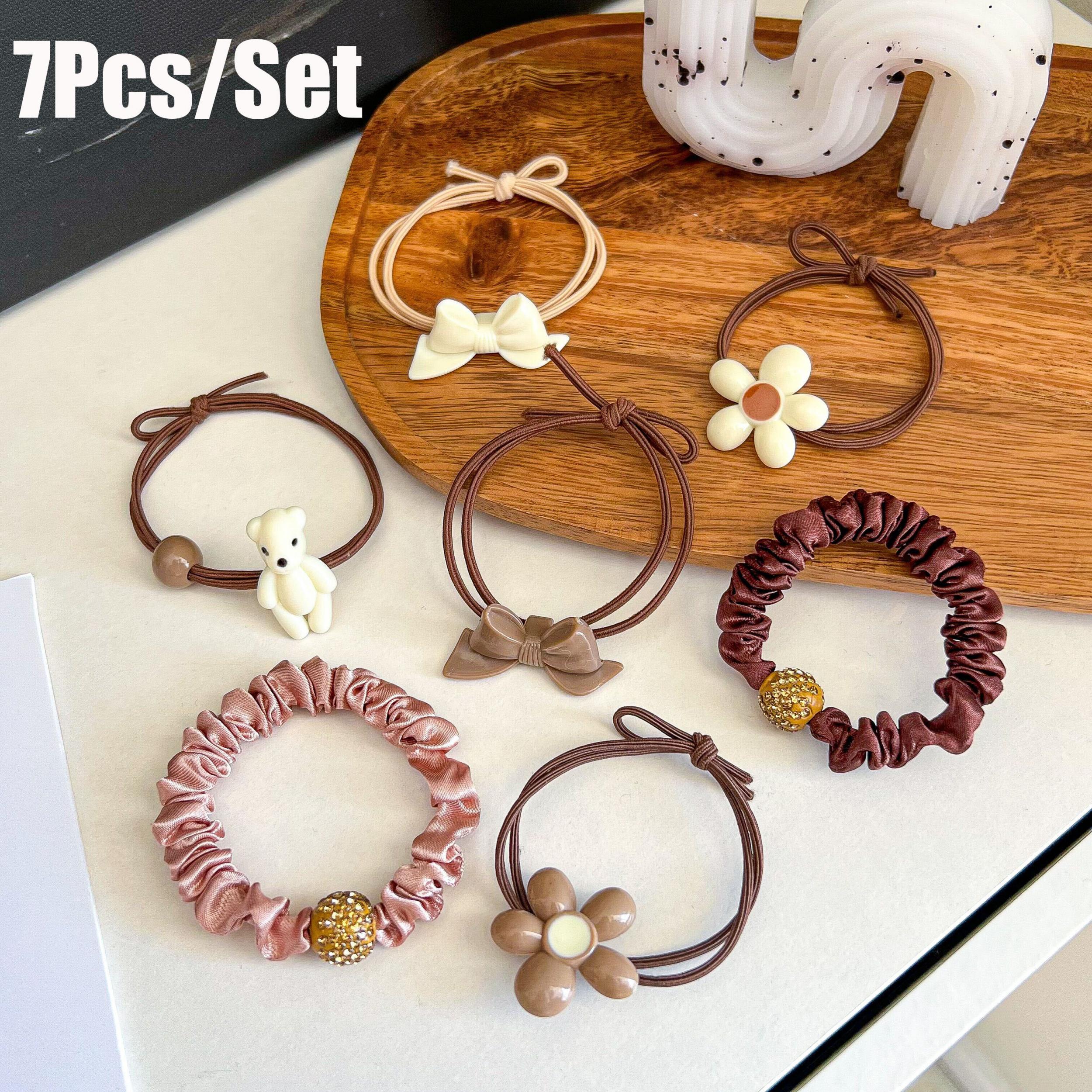 7pcs Bear Head Elastic Rubber Band Girls Bow Tie Hair Tie Coffee Hair Elastic