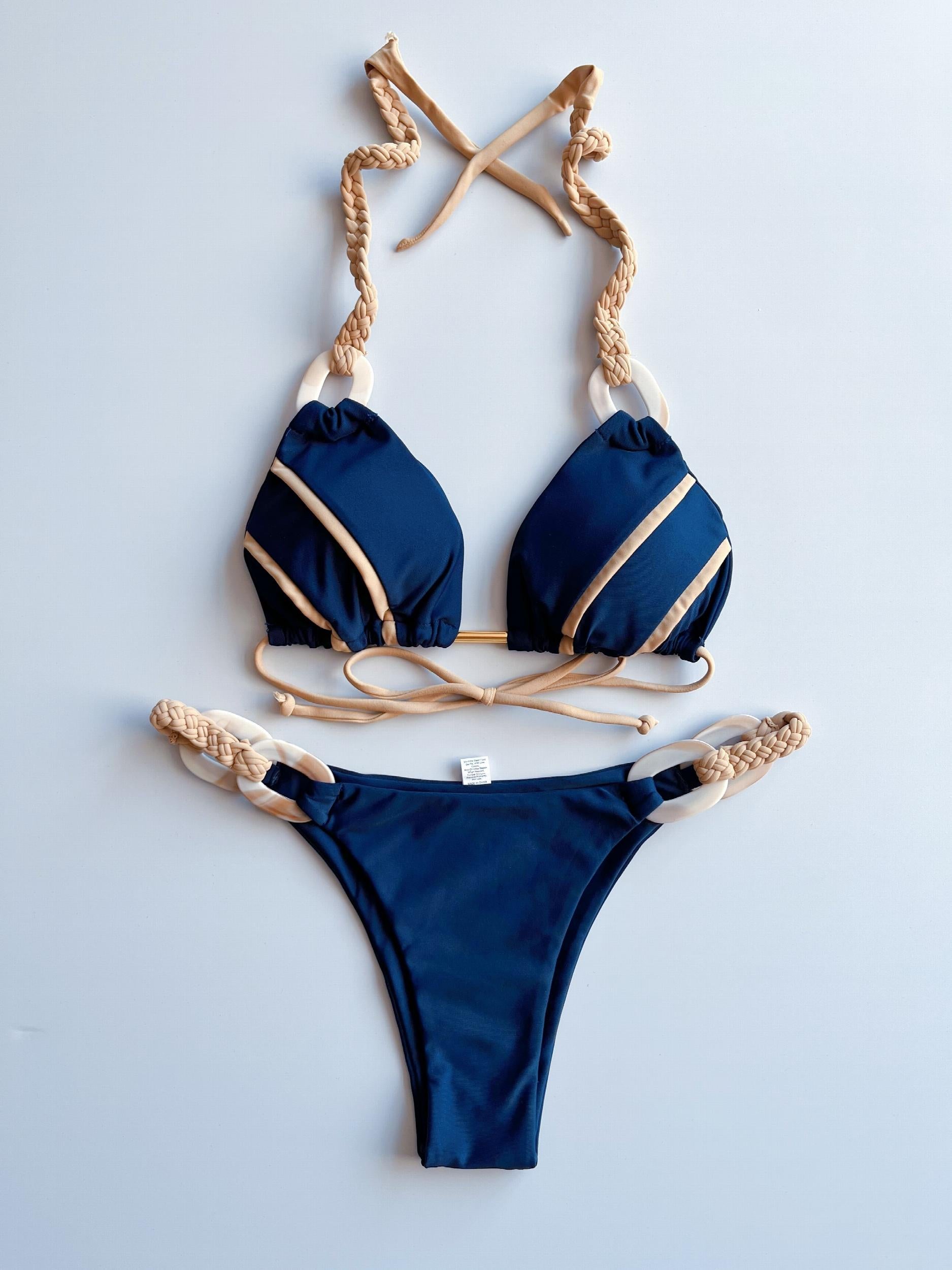 Triangle Bikini Set Halter Neck Ring Weaving Straps Backless High Cut 2 Pieces