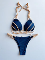 Triangle Bikini Set Halter Neck Ring Weaving Straps Backless High Cut 2 Pieces