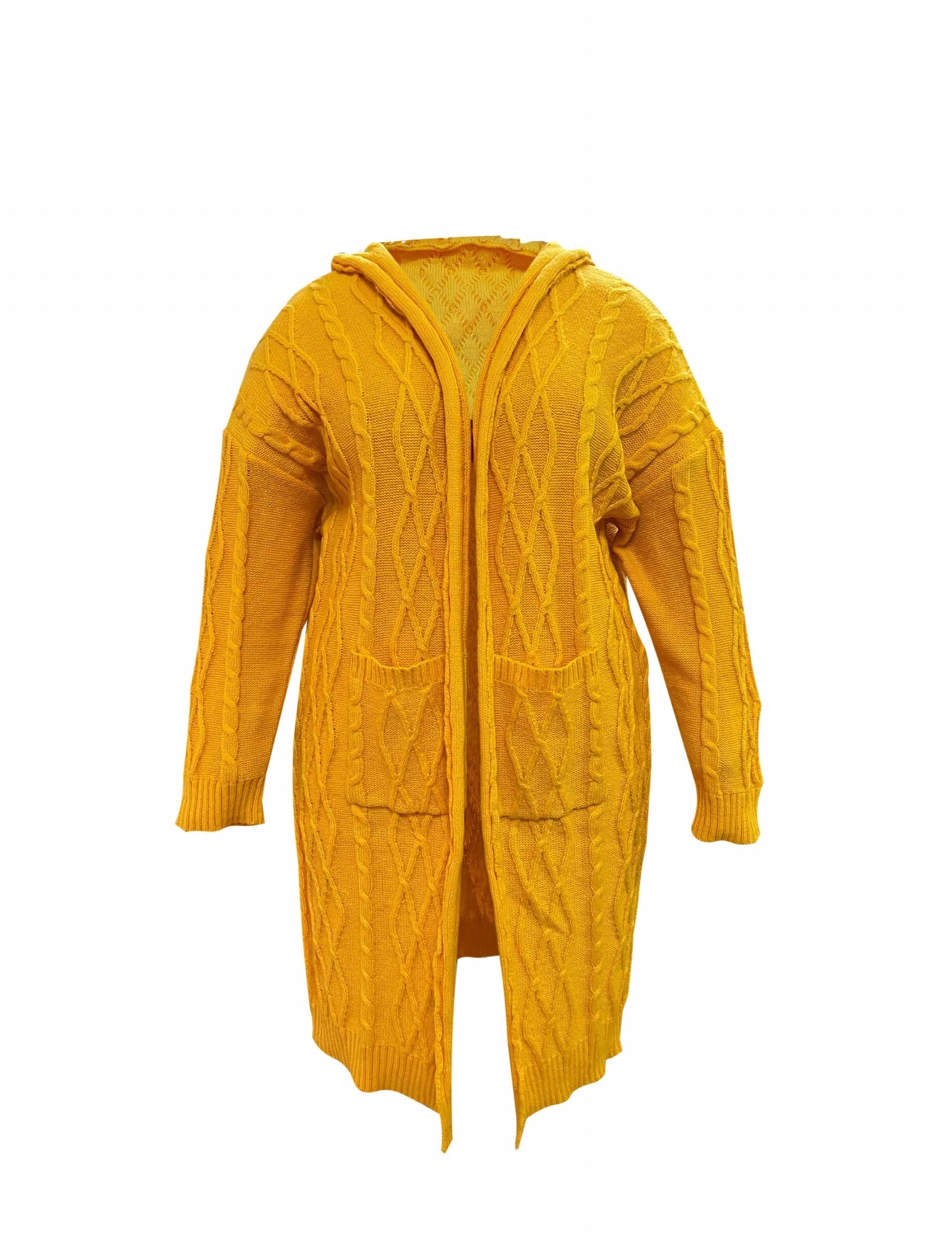 Solid Long Sleeve Open Front Hooded Cardigan With Pockets