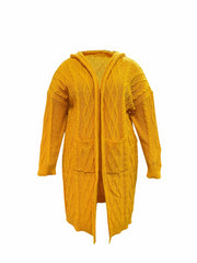 Solid Long Sleeve Open Front Hooded Cardigan With Pockets