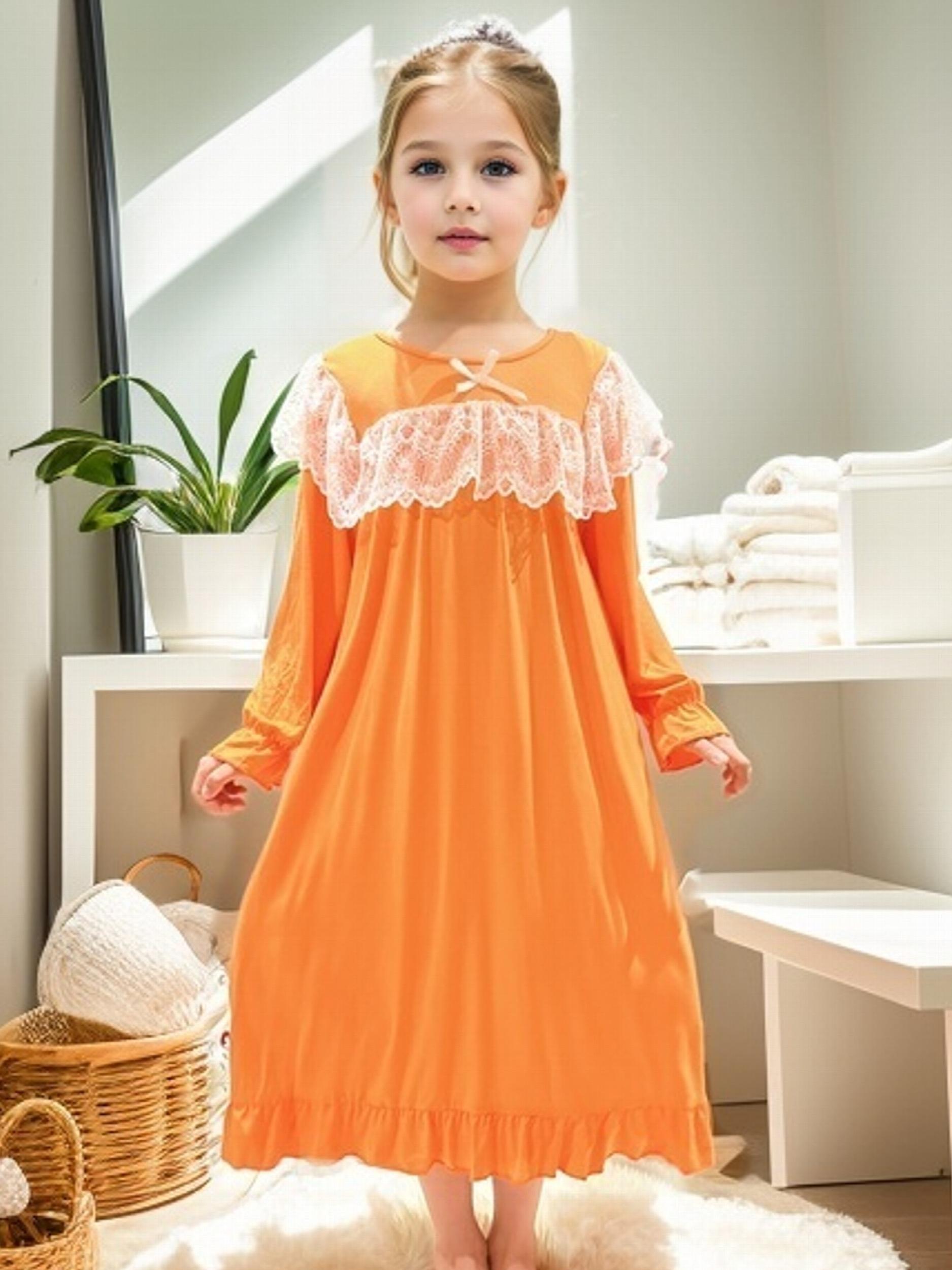 Girls Long Sleeve Princess Nightdress Lace Bow Solid Pajamas