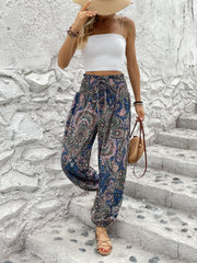 Paisley Print Smocked Waist Joggers Boho Fitted Bottom Pants