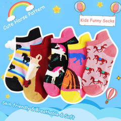 5 Pairs Girls Kids Cartoon Horse Ankle Socks - Cotton Blend