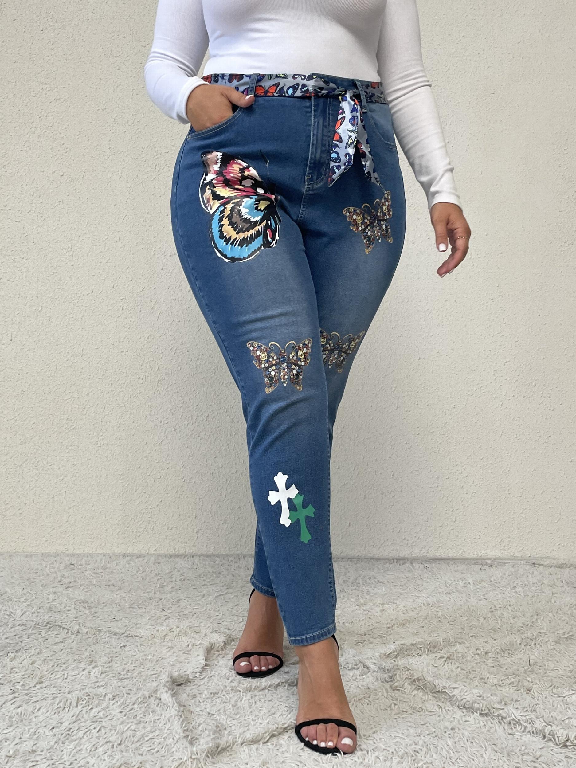 Y2K Jeans Women's Plus Butterfly Print Washed Skinny Jeans
