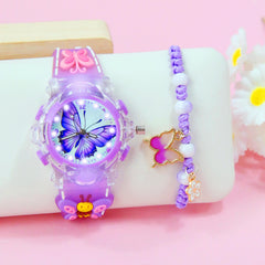 LED Night Light Quartz Watch & Butterfly Bracelet Set - Pink & Purple