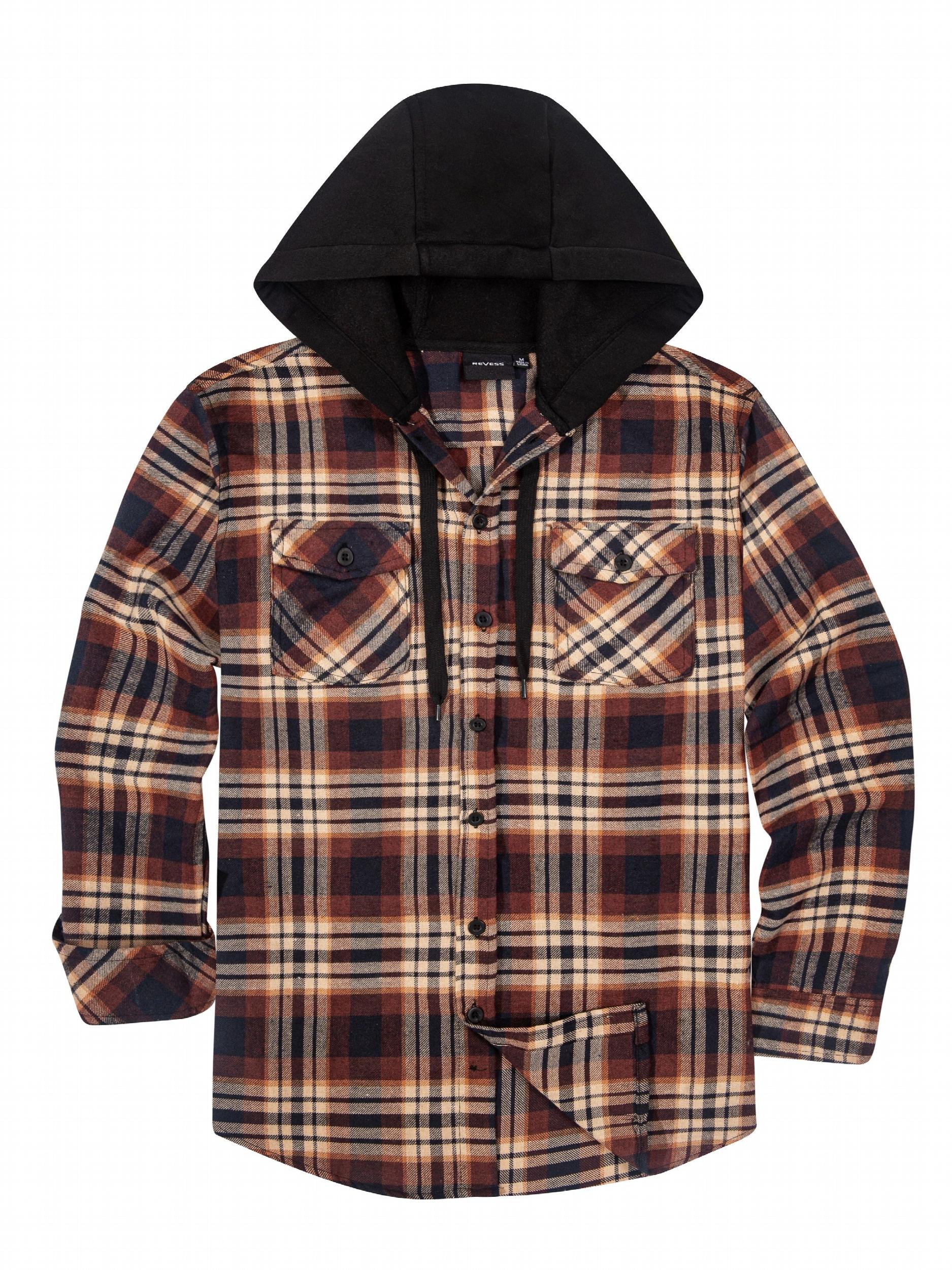 Men's Plaid Hooded Chest Pocket Long Sleeve Shirt For Spring Autumn
