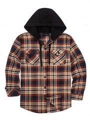 Men's Plaid Hooded Chest Pocket Long Sleeve Shirt For Spring Autumn