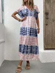 Tie Dye Block V Neck Dress Short Sleeve Casual Dress