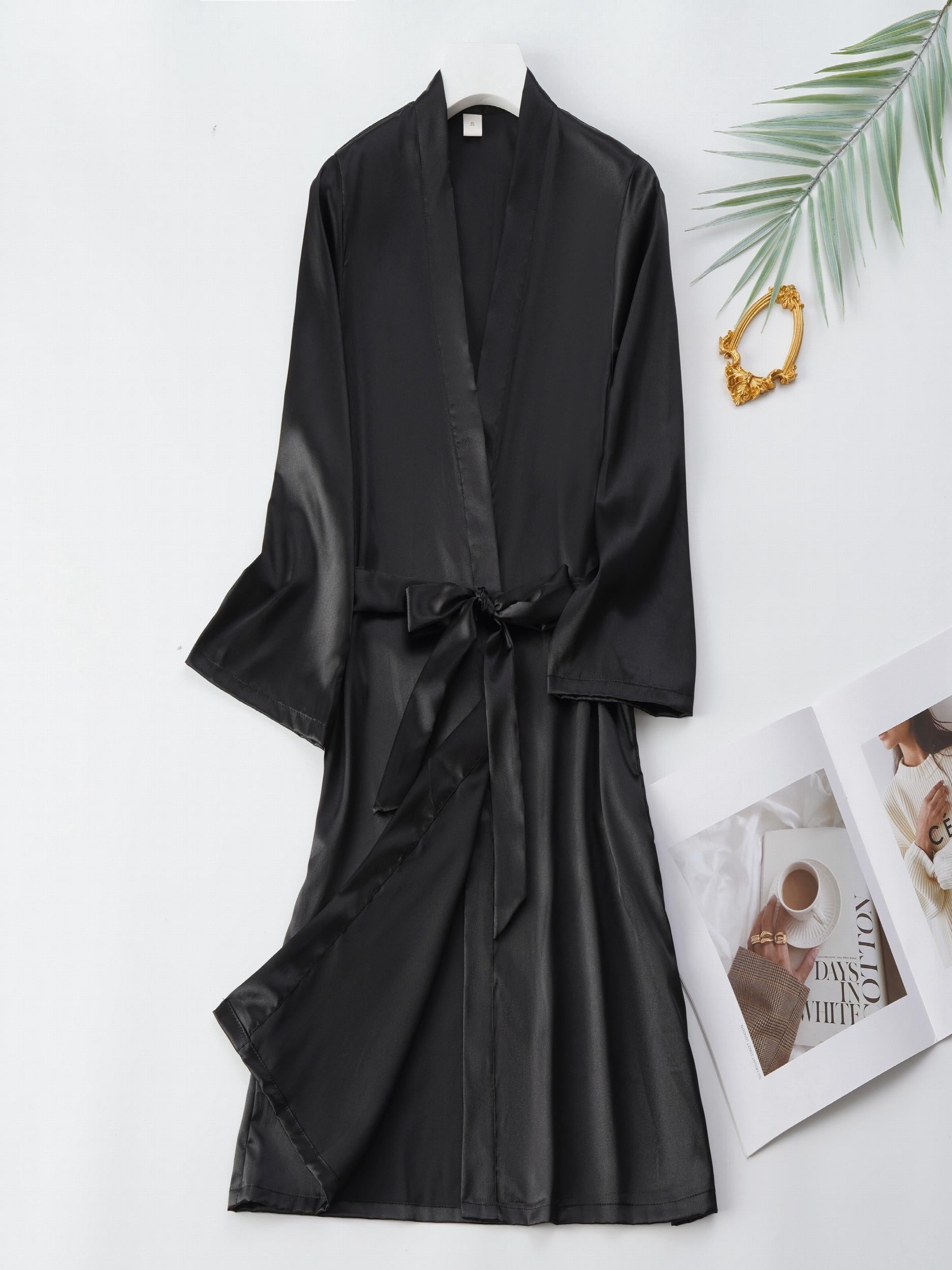 Satin Long Sleeve V Neck Robe with Belt