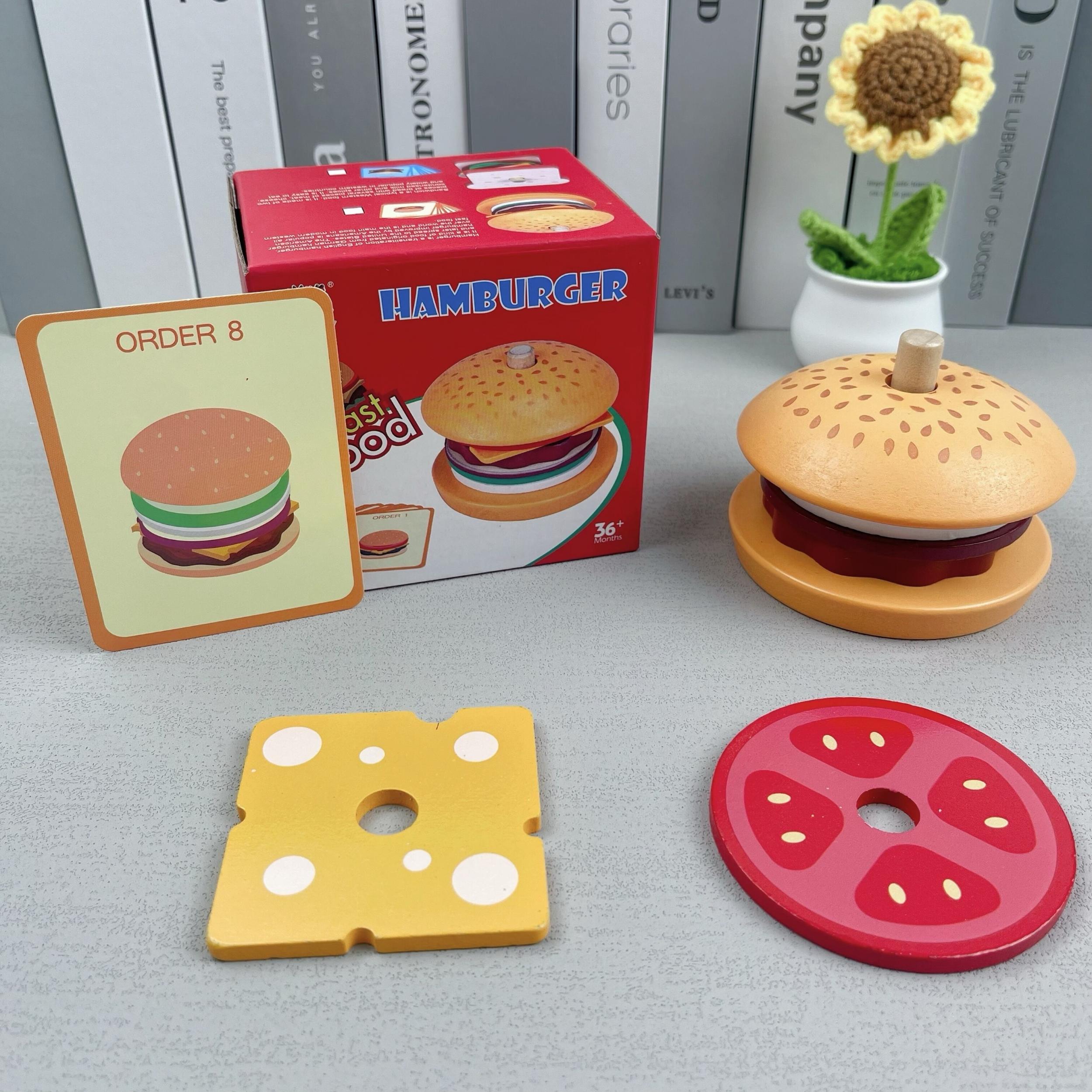Wooden Pretend Play Food Set Hamburger Fries & Sandwich Kitchen Role Play Toys