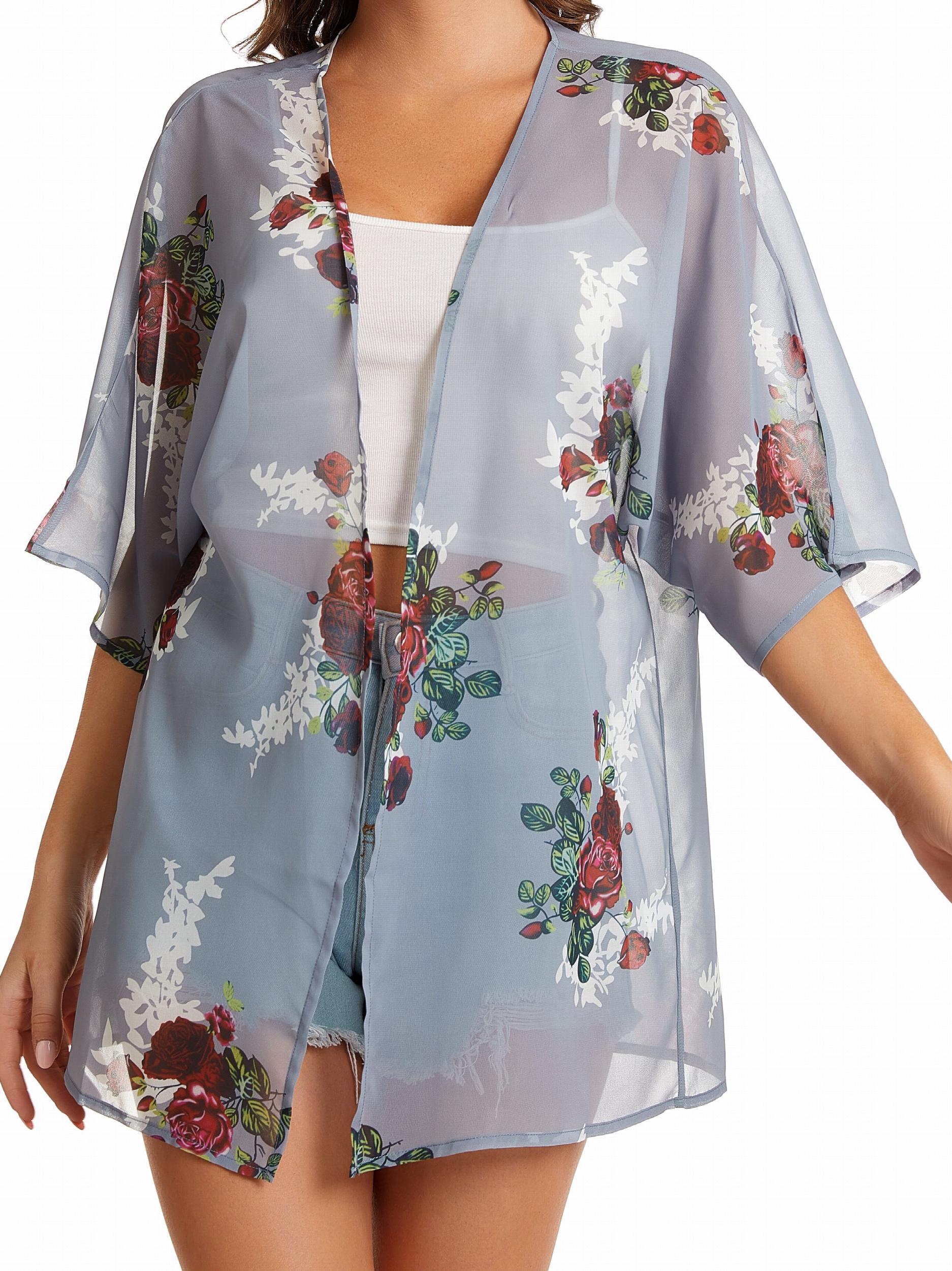 Floral Print Chiffon Kimono Beachwear Loose Casual Cardigan