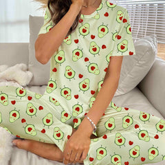 Avocado Print Pajama Set Short Sleeve Crew Neck Top & Pants Women's Sleepwear
