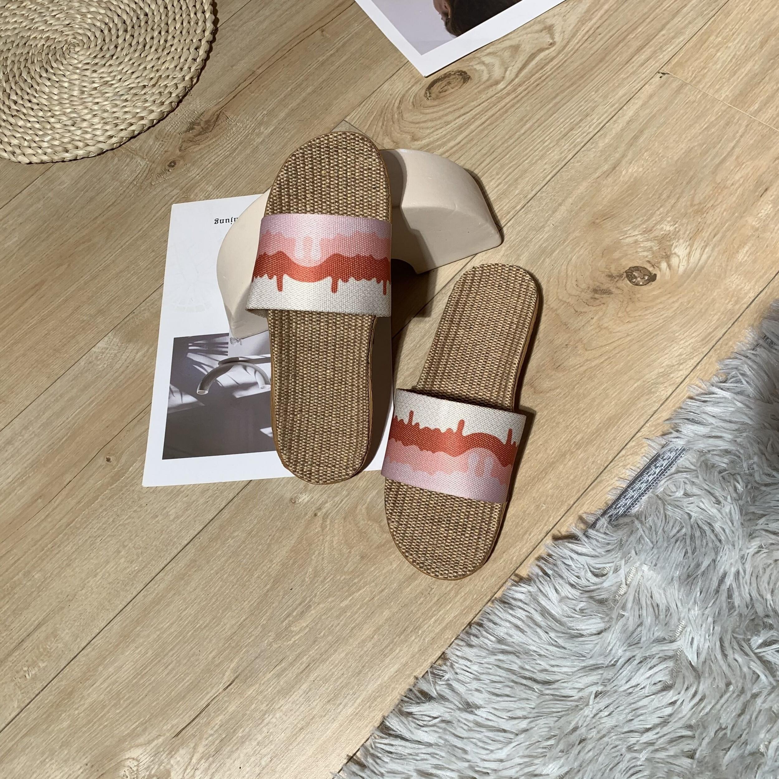 Women's Linen Flat Slides Casual Open Toe Non Slip Indoor Shoes