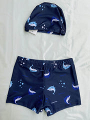 Boys Shark Print Swim Trunks & Cap Set for Beach Vacation