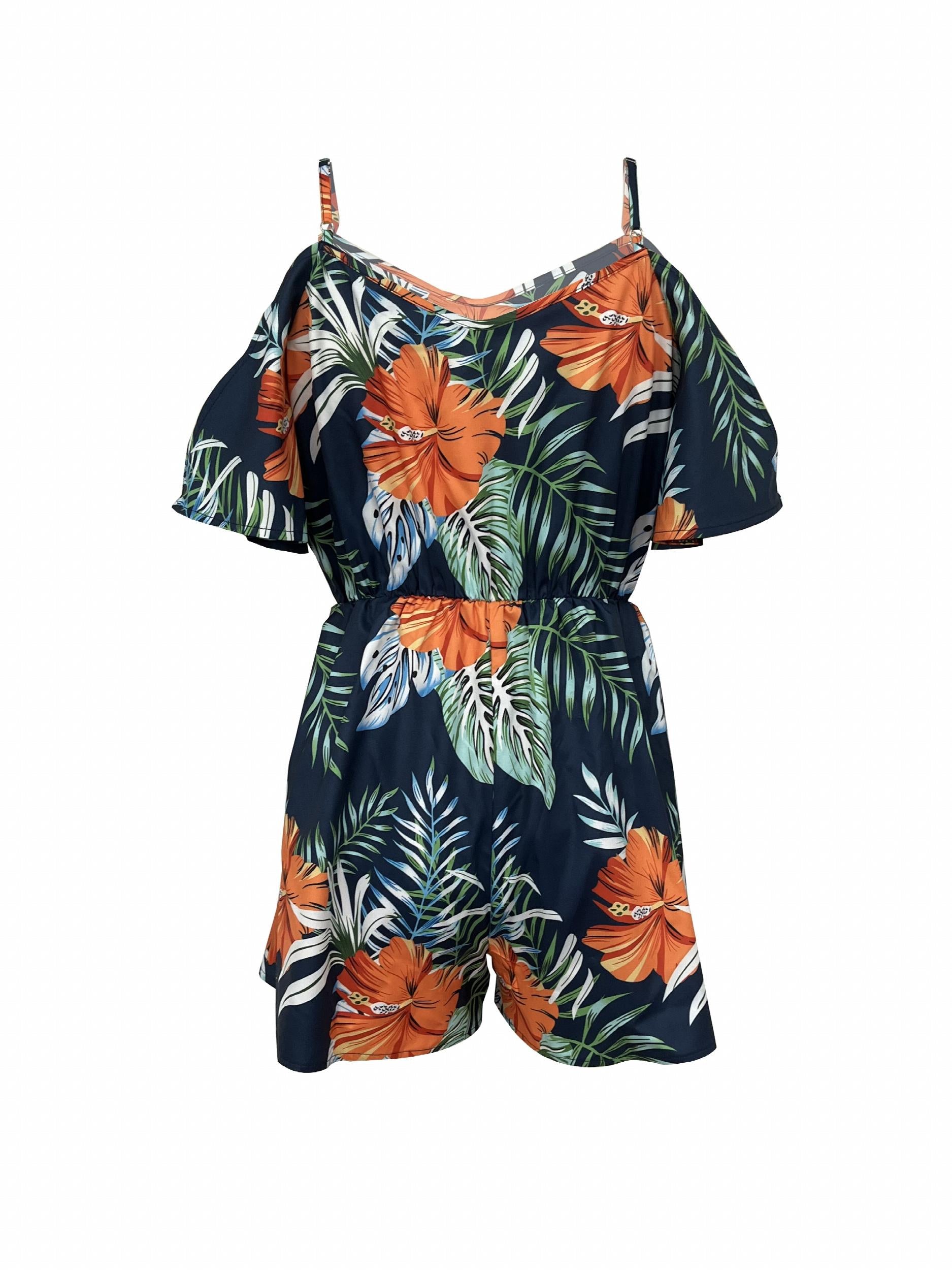 Tropical Print Romper Jumpsuit Cold Shoulder Beach Wear