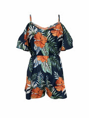 Tropical Print Romper Jumpsuit Cold Shoulder Beach Wear
