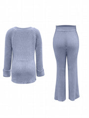 Solid Two-piece Set Sweater & Wide Leg Pants