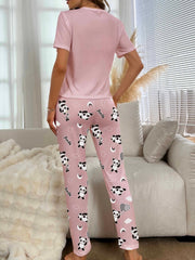 Panda Print Pajama Set Short Sleeve Top & Pants