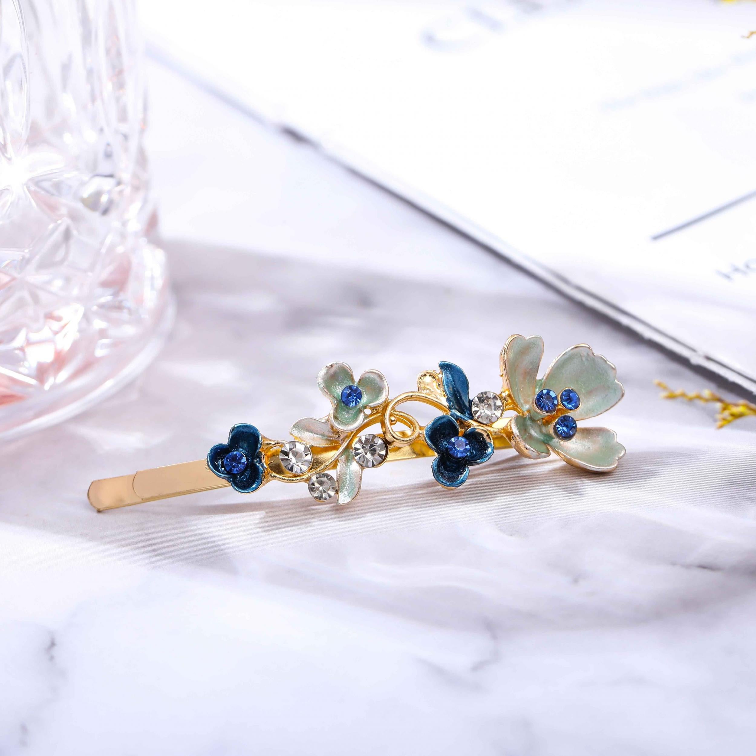 Alloy Flower Edge Clip Retro Style Plant Bangs Clip Rhinestone Clips