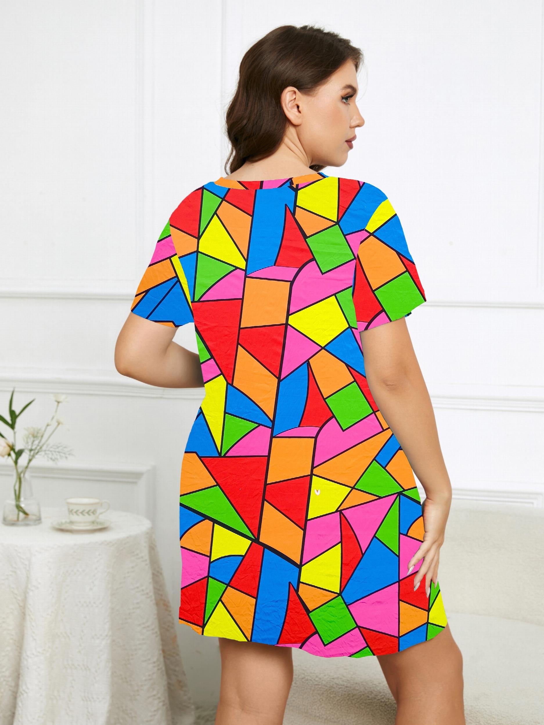 Plus Colorblock Short Sleeve Round Neck Sleep Dress