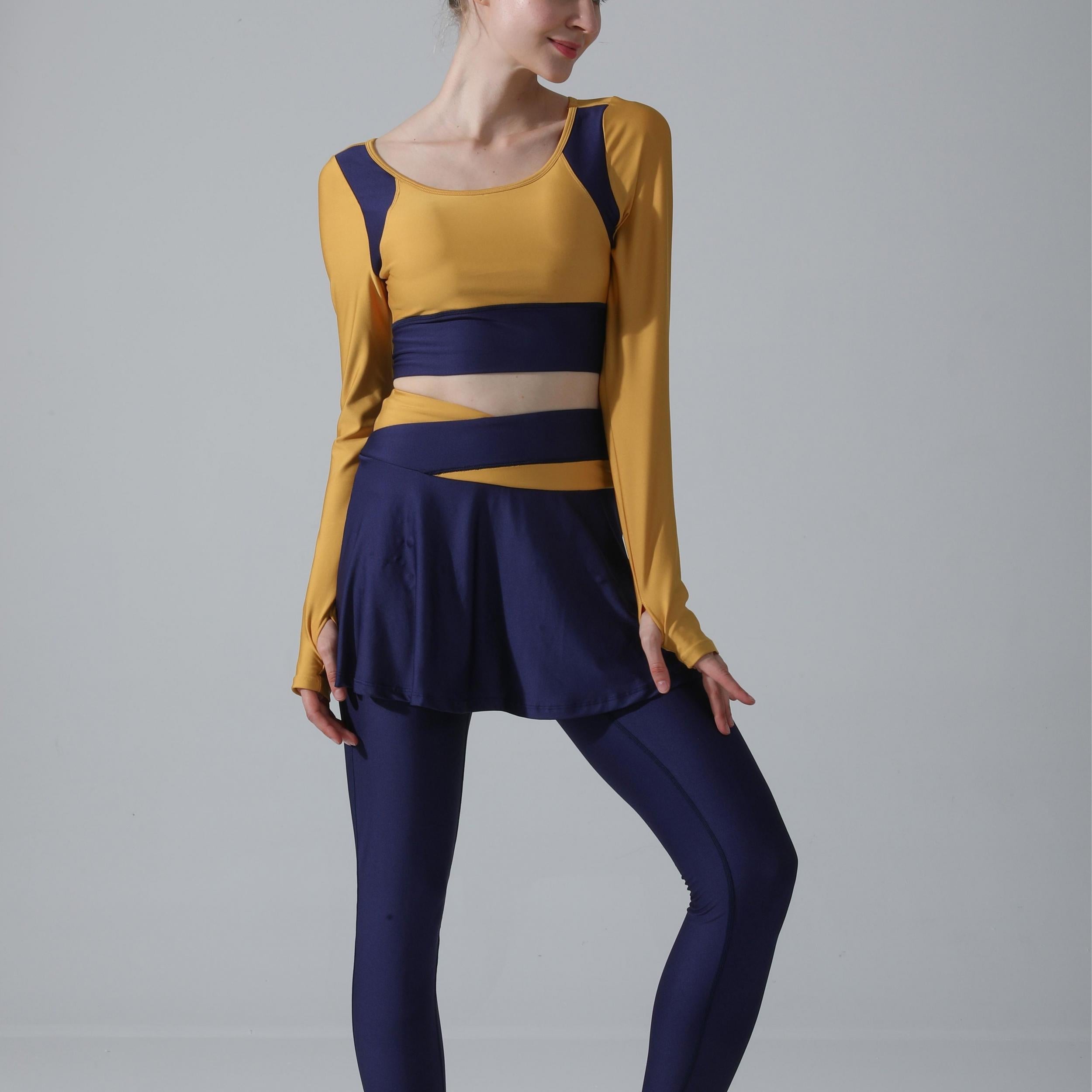 2pcs Block Yoga Sports Set Long Sleeve Thumb Hole Shirt & Skorts Leggings
