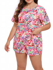 Heart Print Pajama Set Short Sleeve Comfy Two Piece