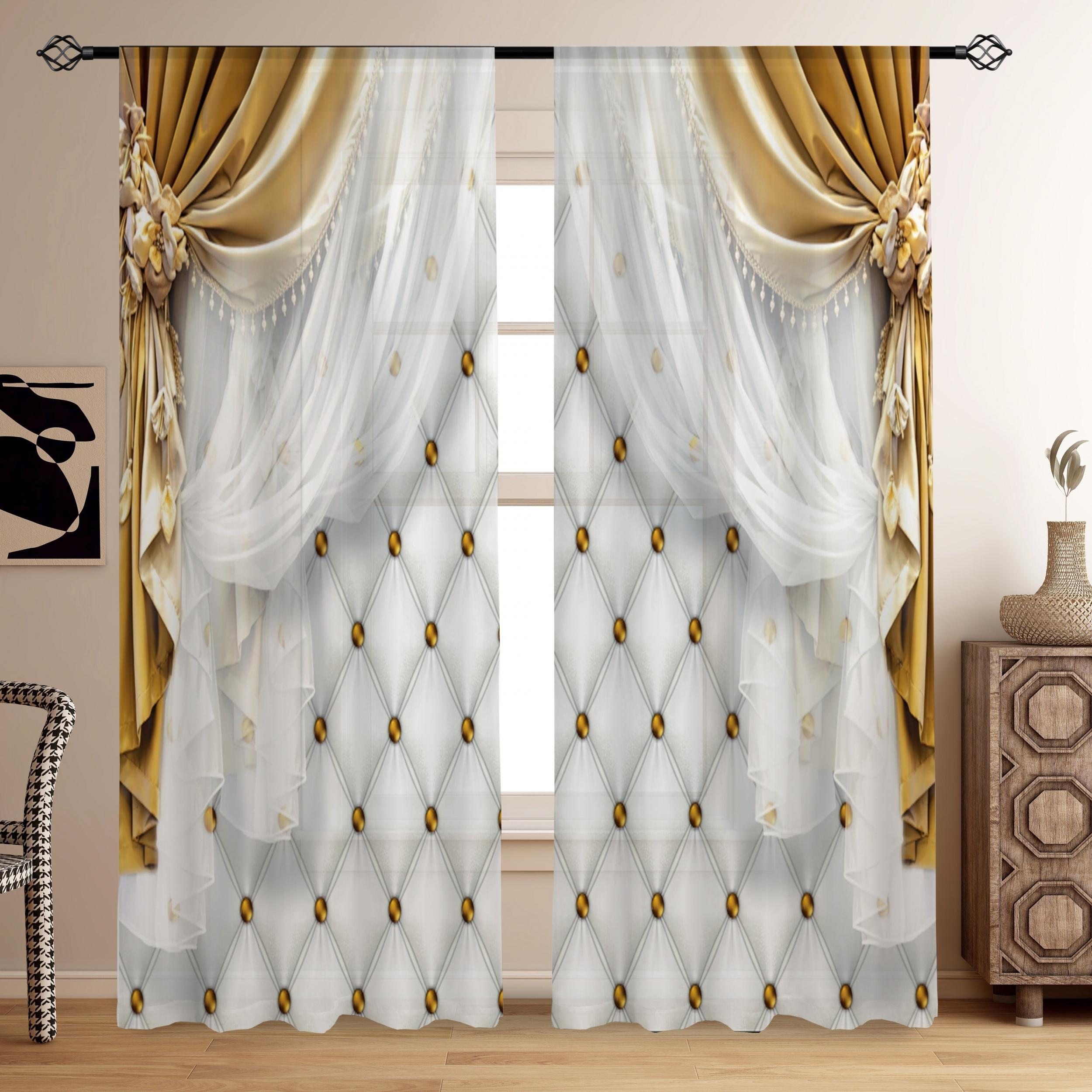 2 Panels Golden Curtain Digital Printed Thickened Curtain