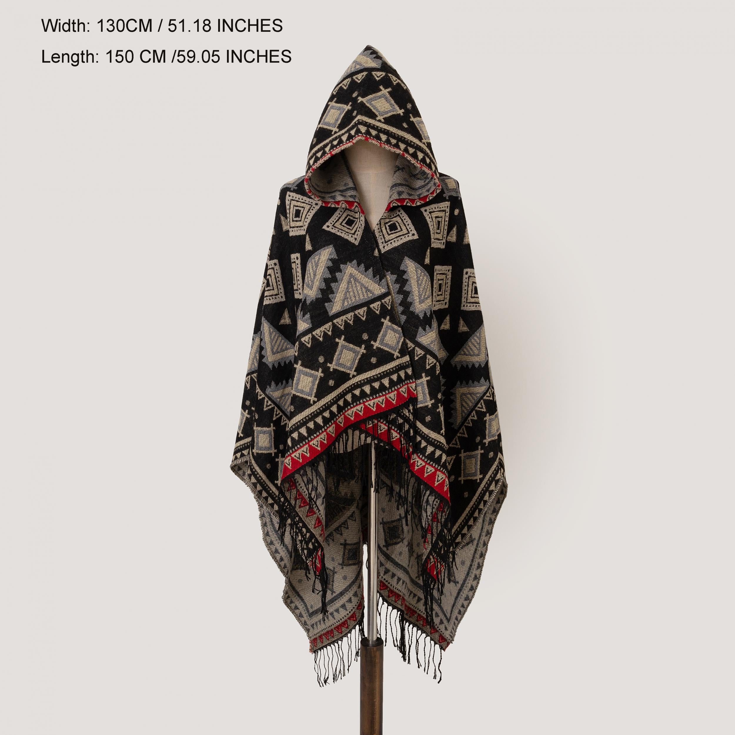 Oversized Hoodie Scarf Blanket Shawl Boho Geometric Print Tassel Warm Cape