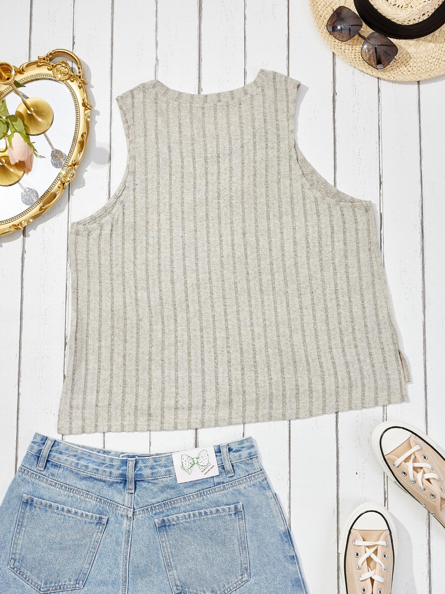 Ribbed Tank Top Solid Color Round Neck Summer Sleeveless Tee