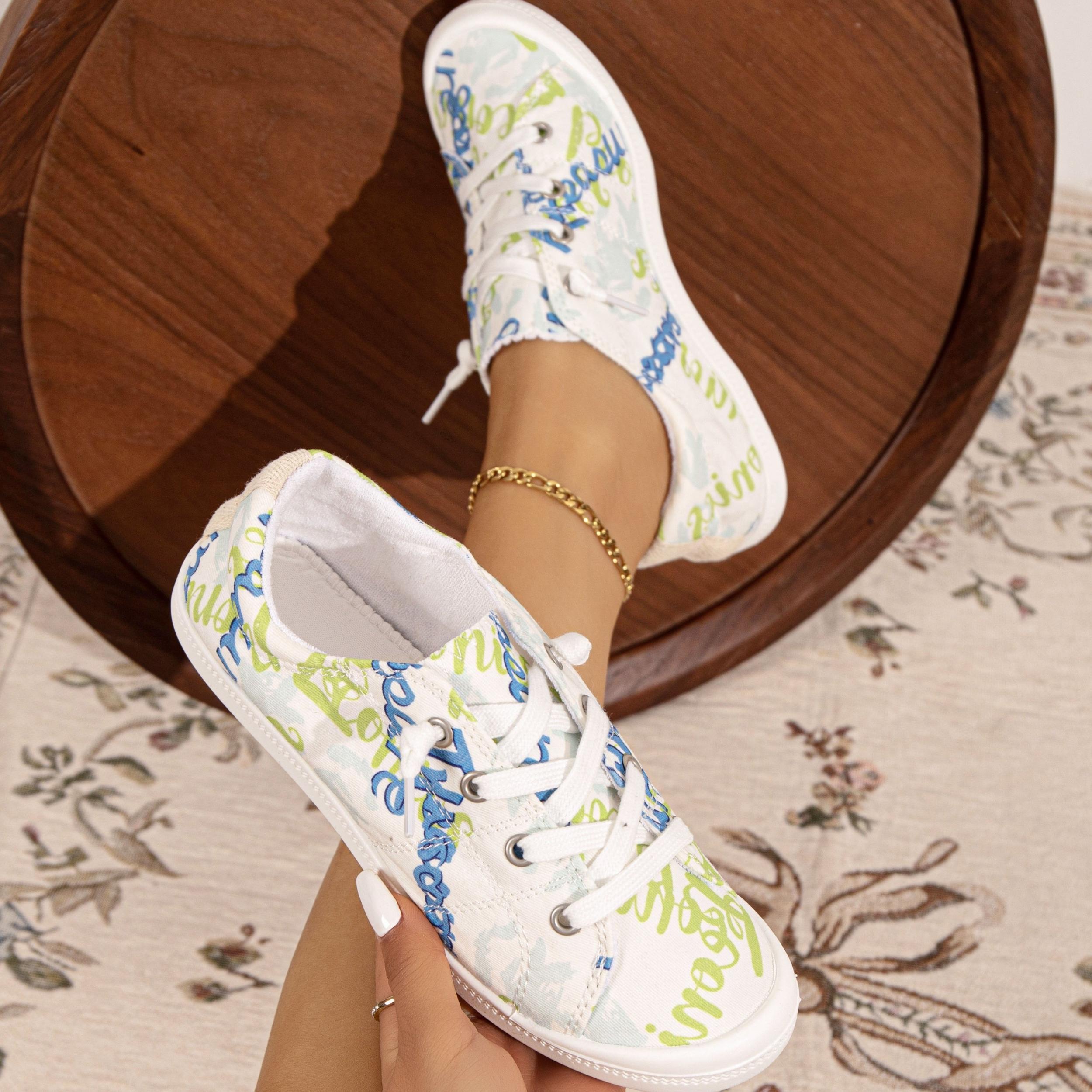 Women's Letter Printed Canvas Shoes Casual Lace Up Low Top Walking Shoes