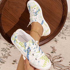 Women's Letter Printed Canvas Shoes Casual Lace Up Low Top Walking Shoes