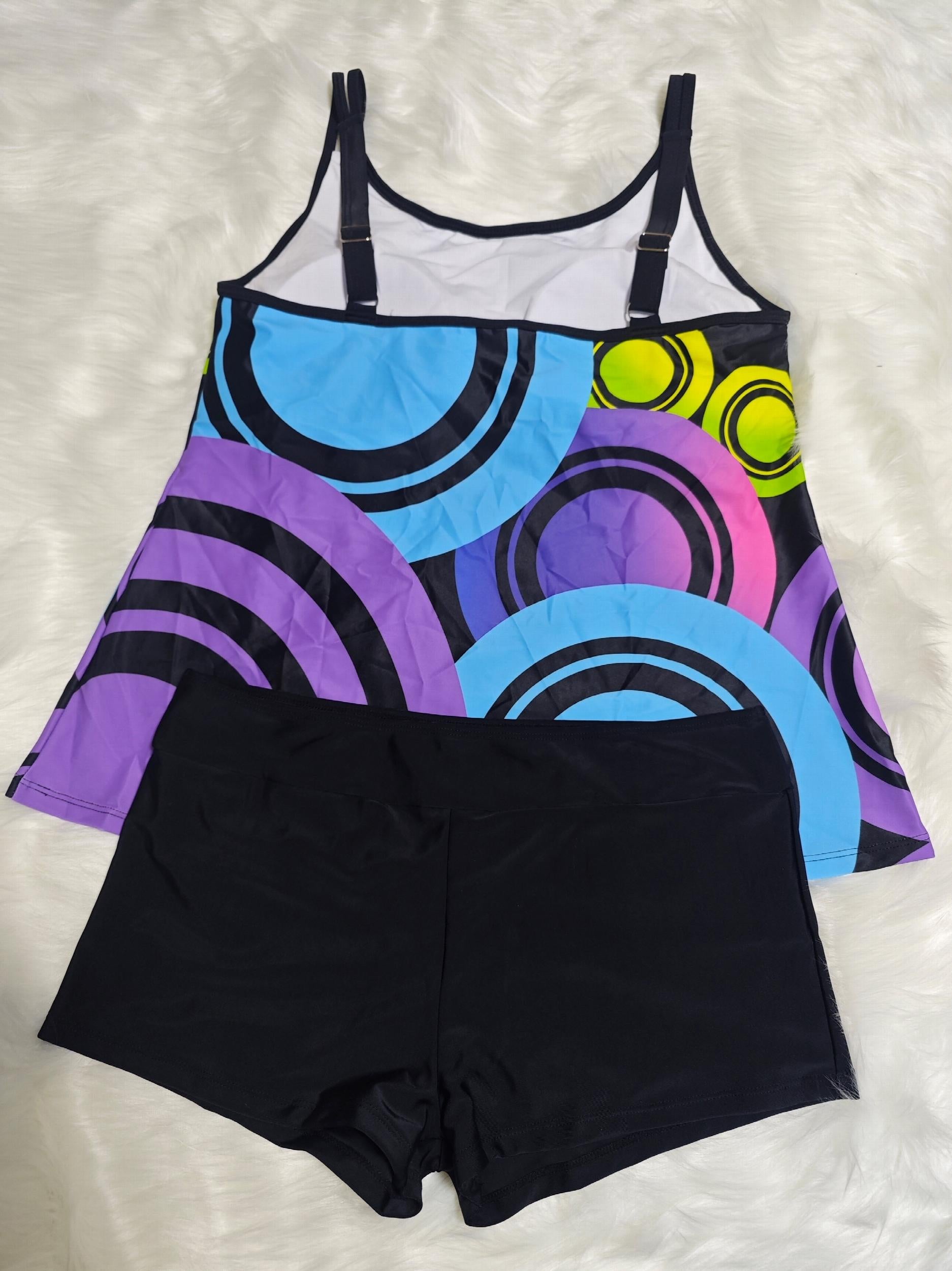 Retro Tankini Set Women's Plus Geo Print Round Neck Cami Top & Shorts
