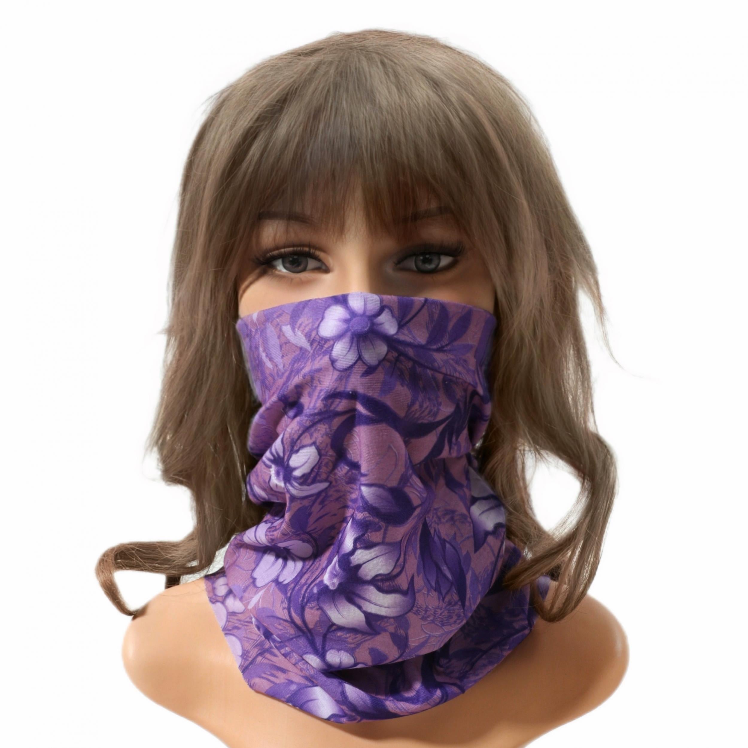 Purple Flower Print Turban Boho Head Wrap Vintage Headband Neck Gaiter
