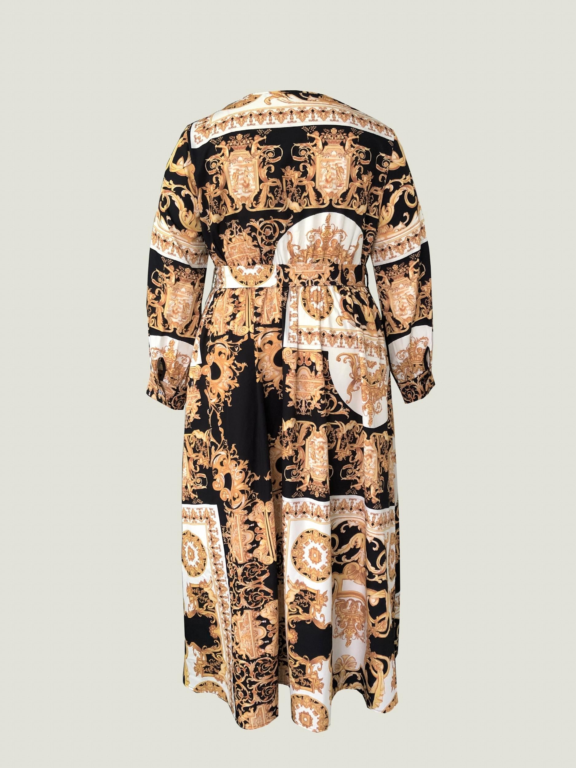 Women's Plus Baroque Print Long Sleeve Maxi Dress