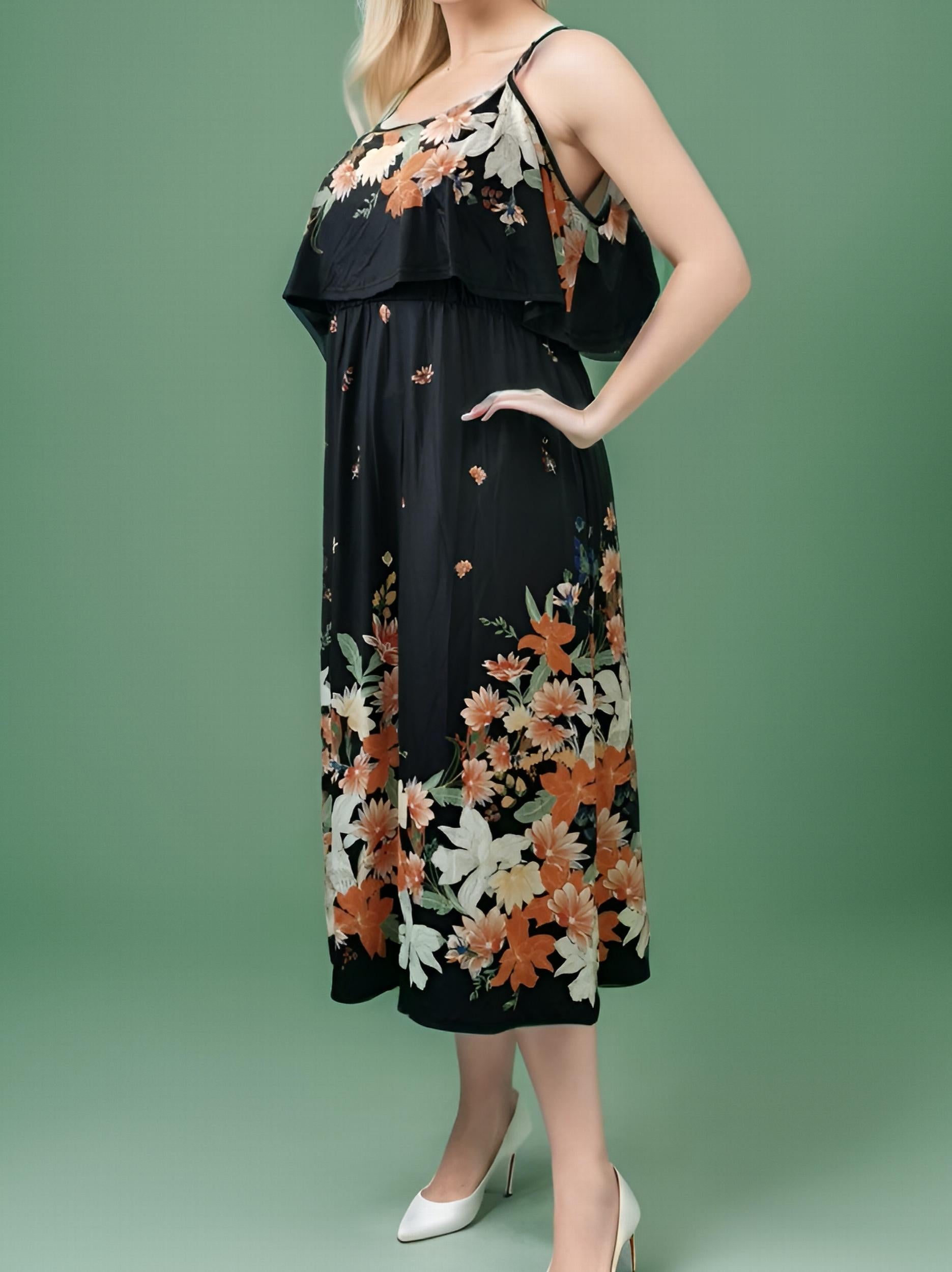 Floral Print Ruffle Trim Cold Shoulder Maxi Dress