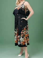 Floral Print Ruffle Trim Cold Shoulder Maxi Dress