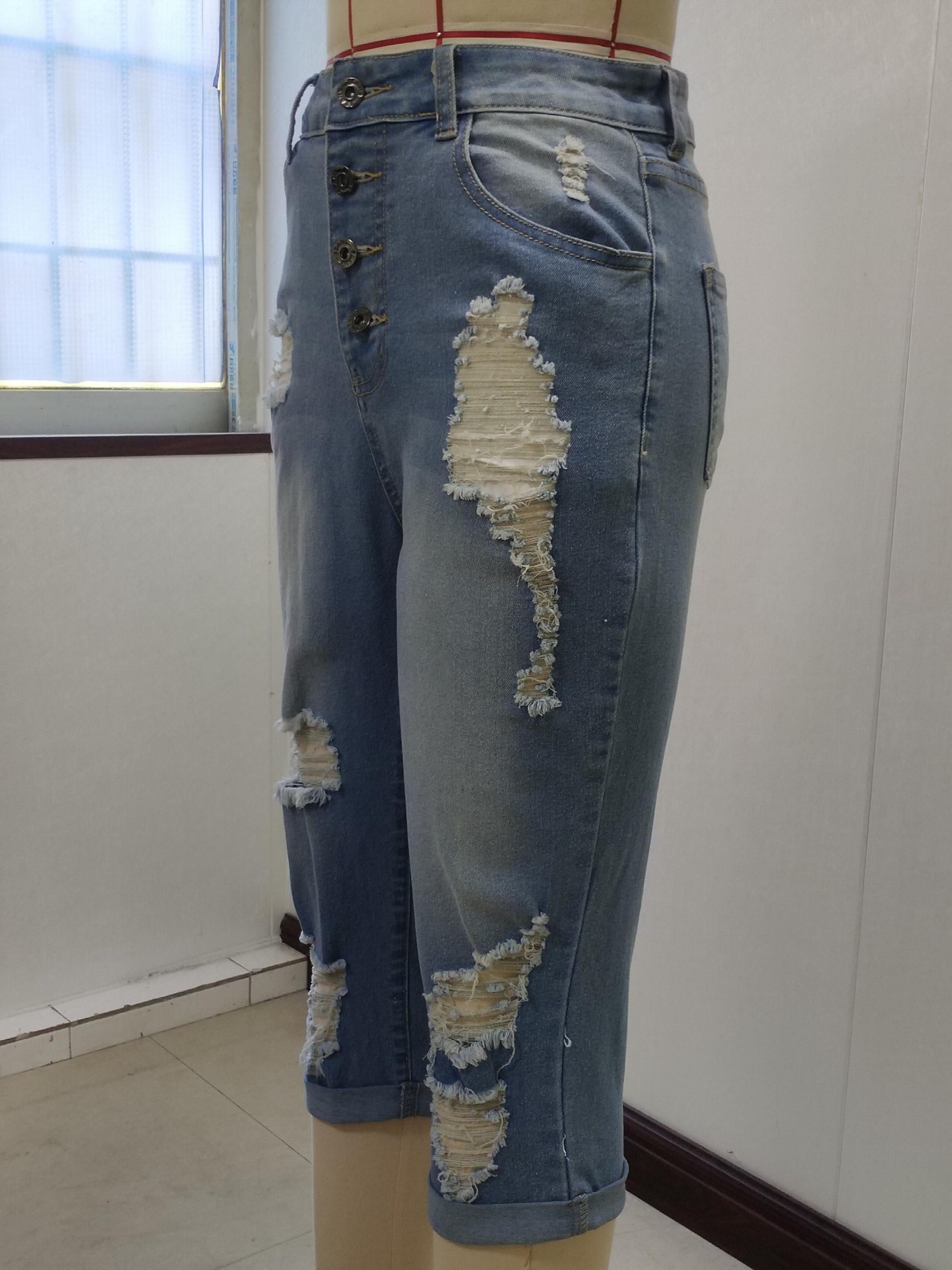 Dark Ripped Denim Shorts Slim Fit Distressed Slash Pockets