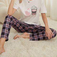 Print Pajama Set Short Sleeve Top & Plaid Lounge Pants Sleepwear