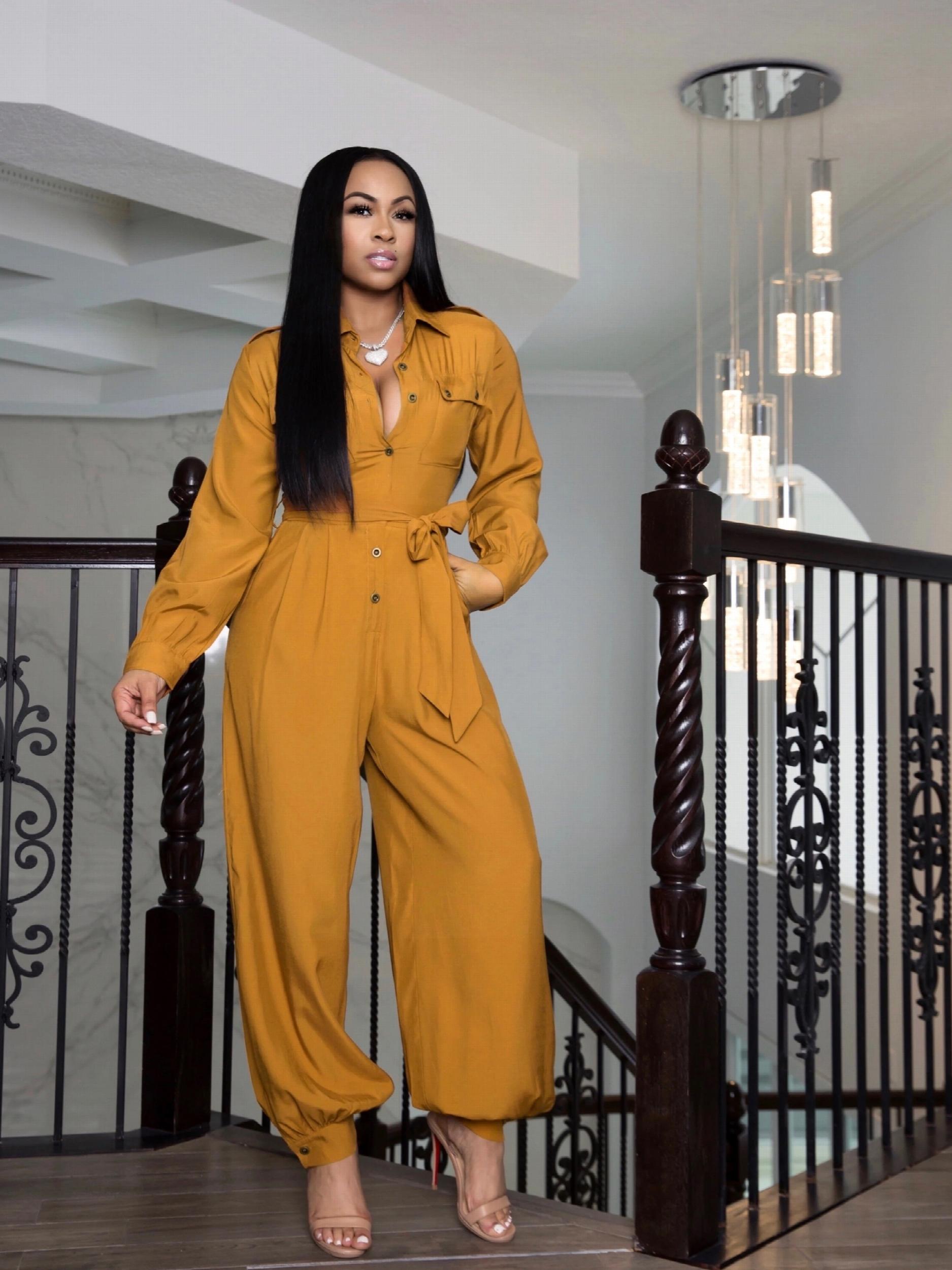 Solid Button Front Jumpsuit Long Sleeve Collared Women's Clothing