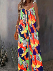 Colorblock Leopard Print Cami Jumpsuit with Pockets