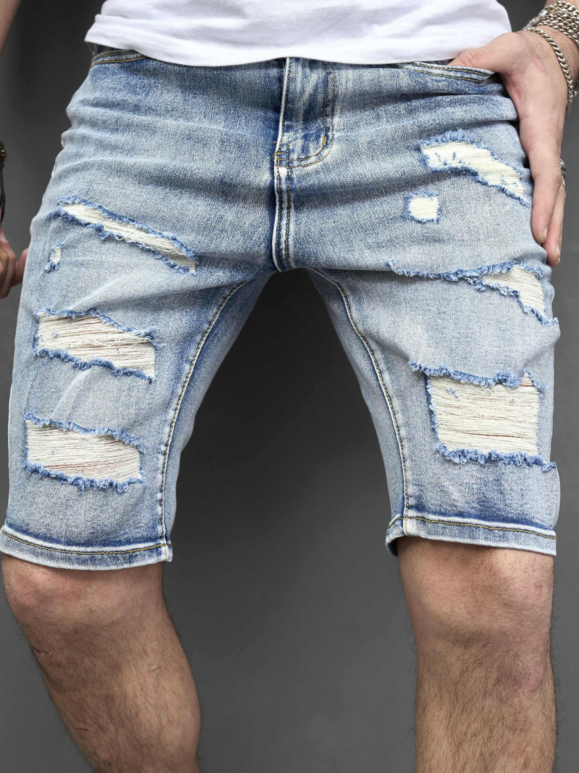 Men's Ripped Denim Shorts Street Style Distressed Mid Stretch Shorts