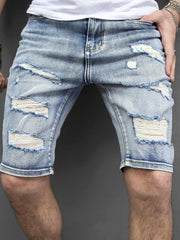 Men's Ripped Denim Shorts Street Style Distressed Mid Stretch Shorts
