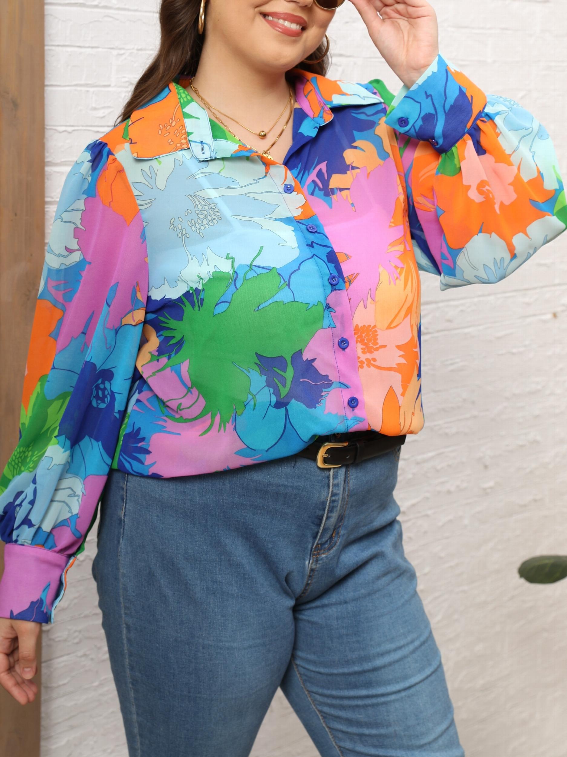 Boho Blouse Women's Plus Contrast Floral Print Lantern Sleeve